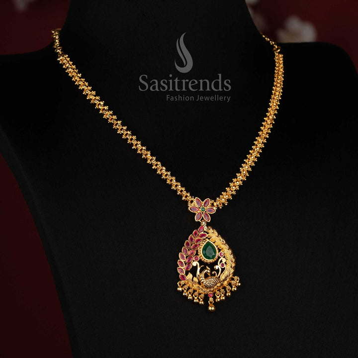 Sasitrends 24K pure gold plated floral necklace with elongated teardrop pendant structure, intricate openwork and decorative hanging beads 