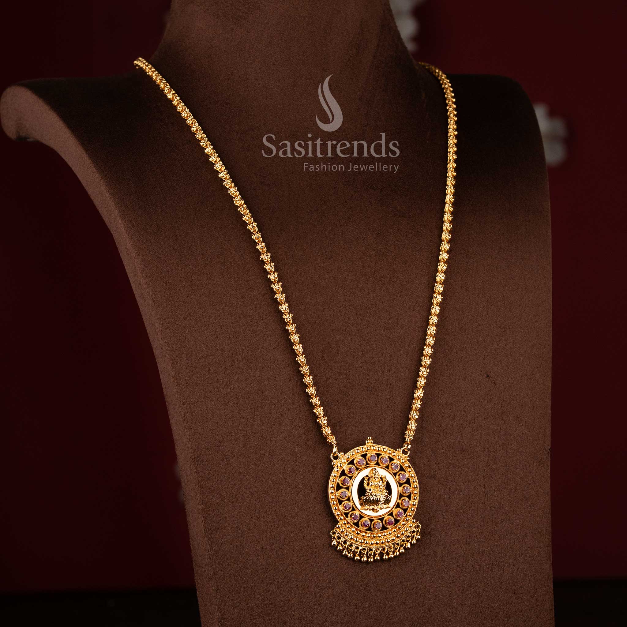 Sasitrends one gram micro gold plated Lakshmi motif pendant chain necklace featuring AD stone encircled design crafted for traditional and cultural jewellery styling