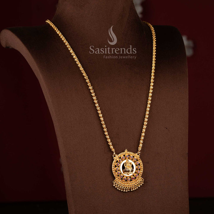 Sasitrends one gram micro gold plated Lakshmi motif pendant chain necklace featuring AD stone encircled design crafted for traditional and cultural jewellery styling