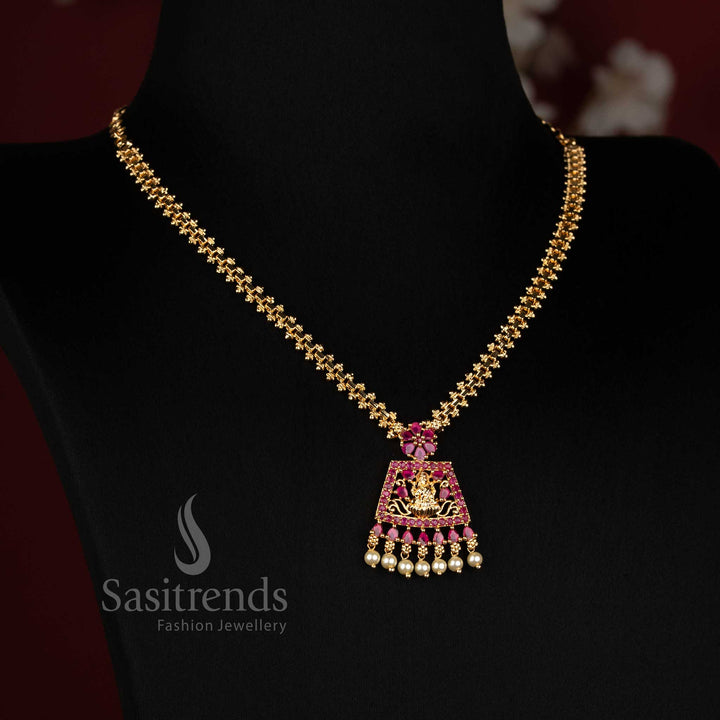 Sasitrends one gram micro gold plated Lakshmi motif necklace with floral patterned chain, ornate trapezoid pendant and decorative pearl drops 