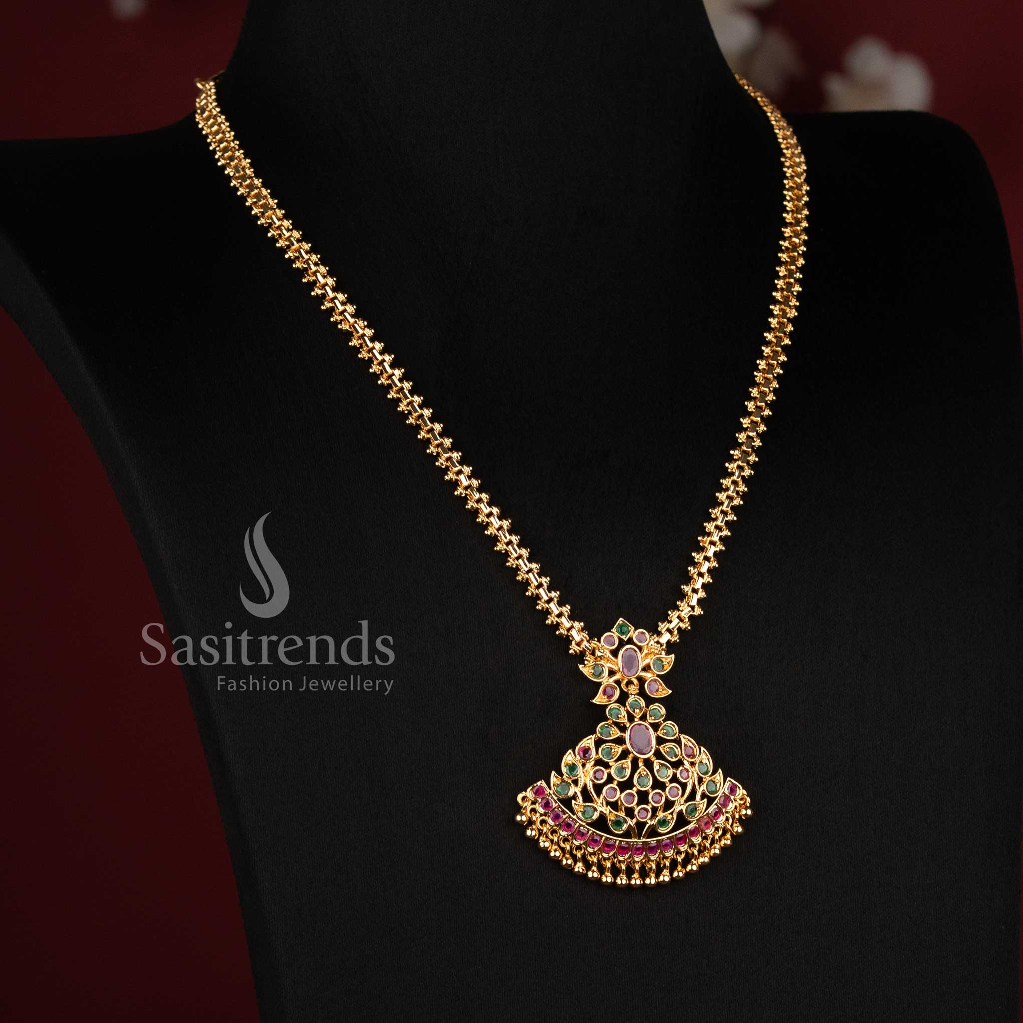 Sasitrends one gram micro gold plated necklace featuring an intricate dome-inspired pendant, floral stone connector and hanging gold bead details 