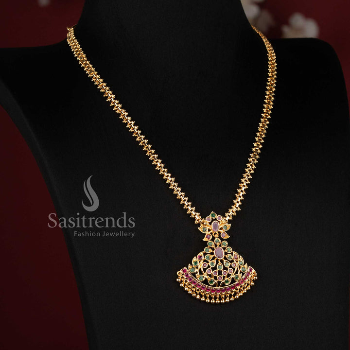 Sasitrends one gram micro gold plated necklace featuring an intricate dome-inspired pendant, floral stone connector and hanging gold bead details 