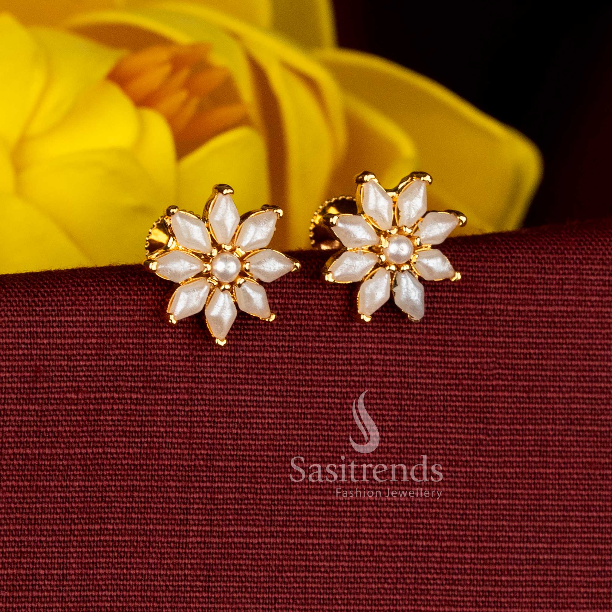 Floral design stud earrings featuring micro gold plated pearl petal arrangement and round centre - Sasitrends
