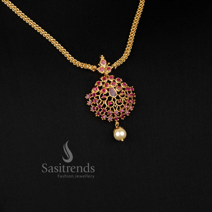 Sasitrends one gram micro gold plated ruby emerald AD stone necklace with pearl drop