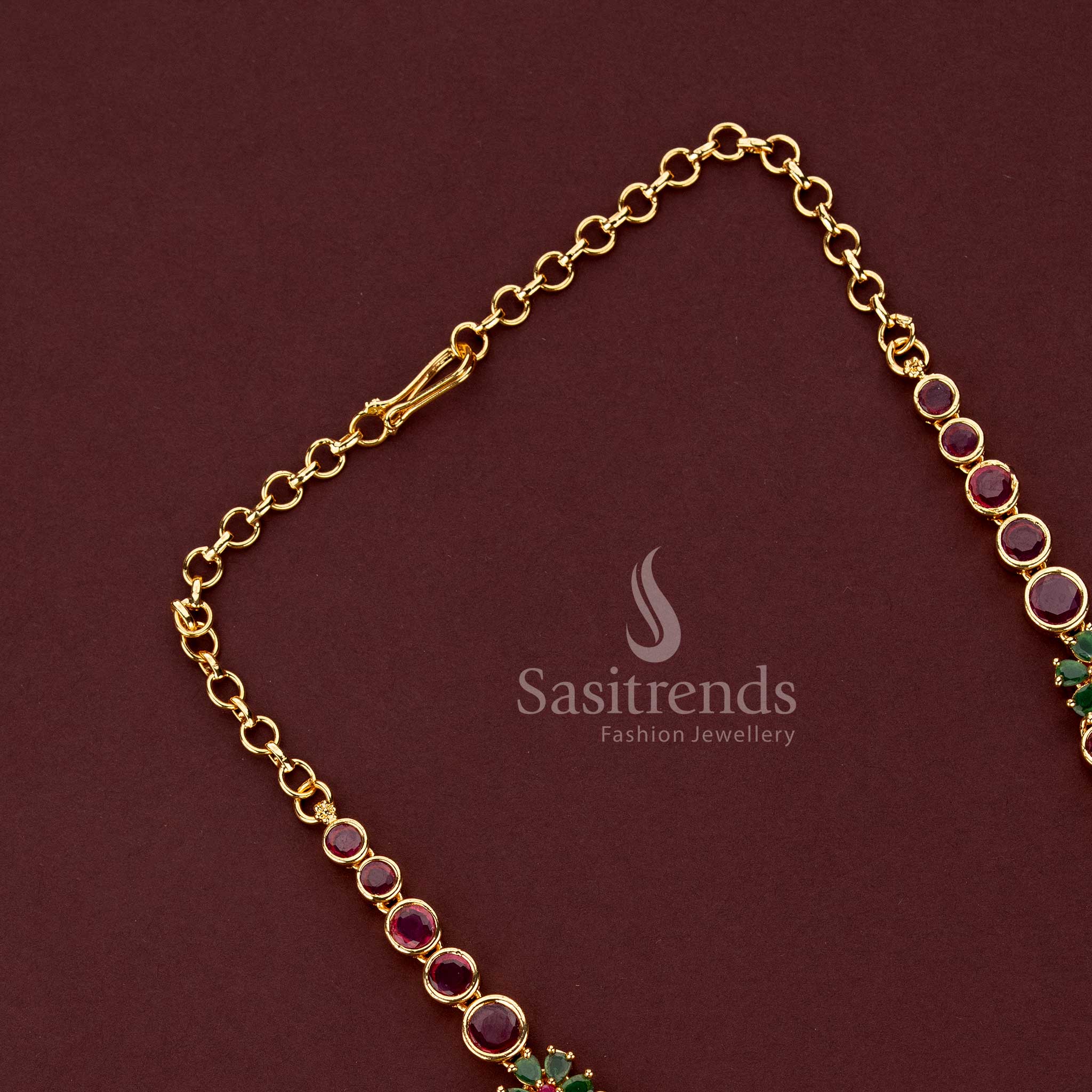 Sasitrends one gram micro gold plated ruby AD two-line necklace