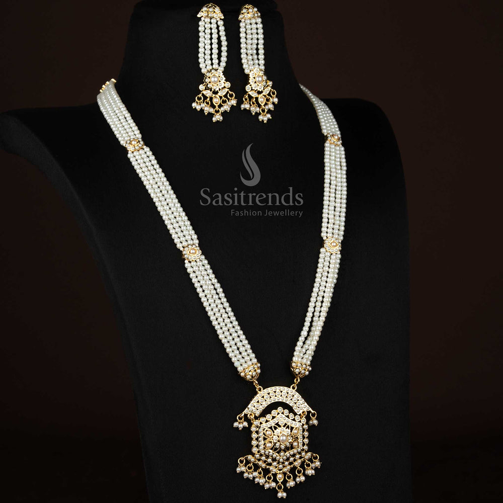 Traditional style pearl haram hexagonal necklace set with four layered pearl strands, pendant and guaranteed 24K micro gold plated polish, suitable for wedding and festive occasions - Sasitrends