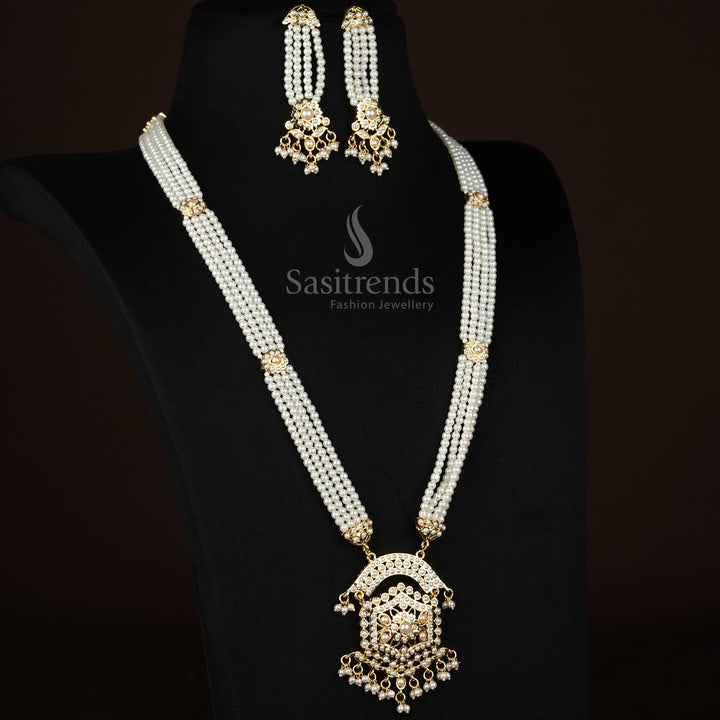 Traditional style pearl haram hexagonal necklace set with four layered pearl strands, pendant and guaranteed 24K micro gold plated polish, suitable for wedding and festive occasions - Sasitrends