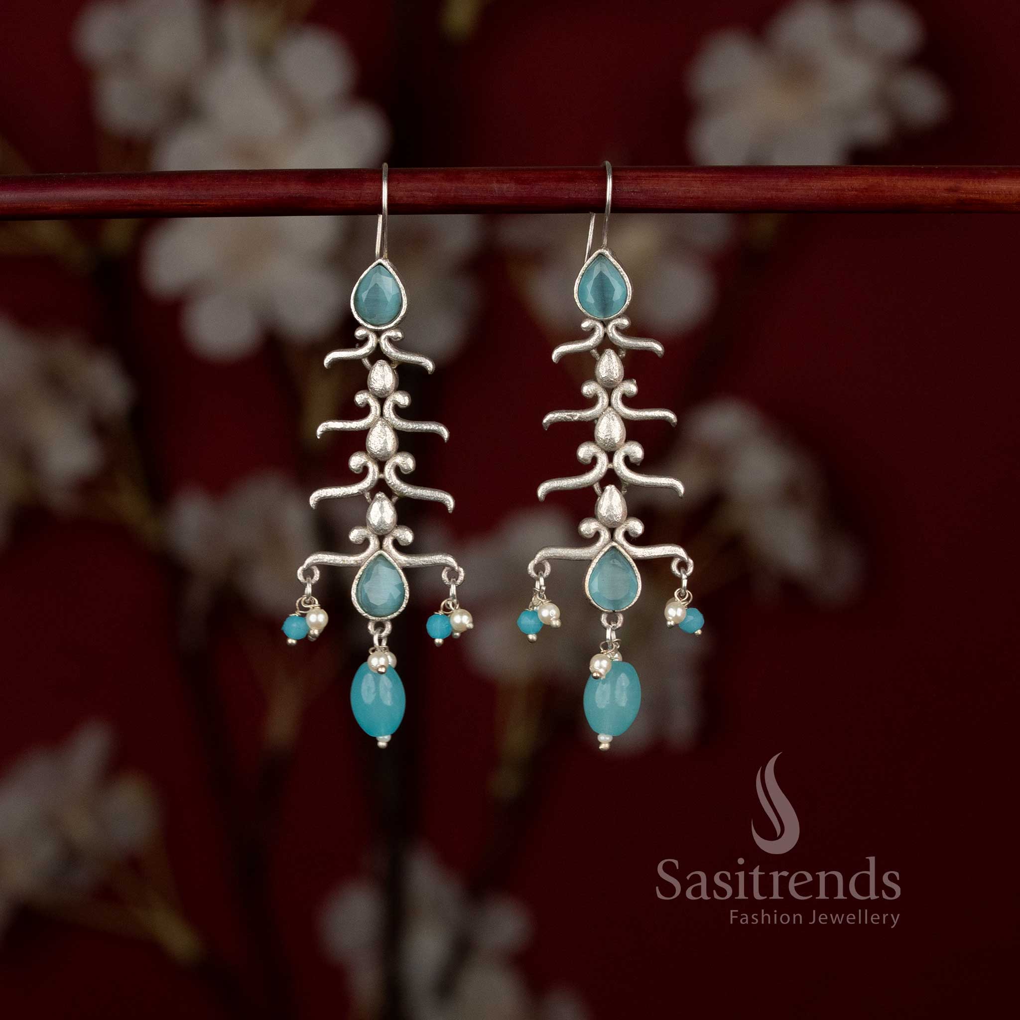 Sasitrends antique oxidised silver plated ocean blue stone drop earrings with organic branch structure and pearl hangings