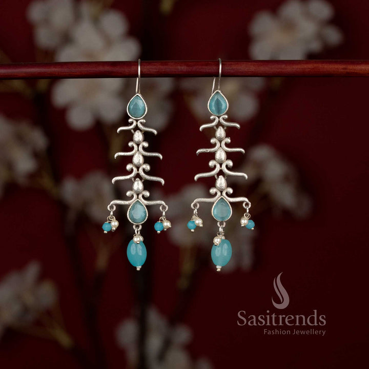 Antique Oxidised Silver Plated Stone Drop Earrings with Organic Branch Structure, Layered Teardrop Design and Pearl Hangings