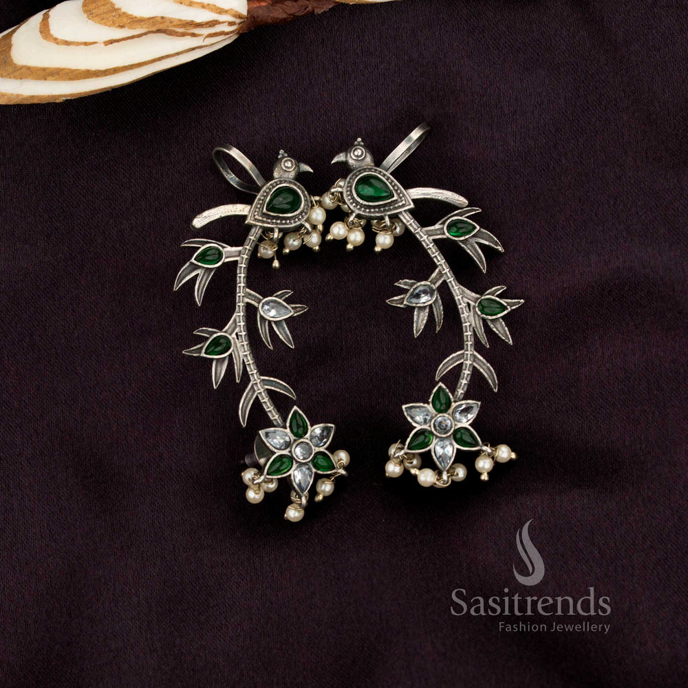 Sasitrends oxidised antique peacock vine ear cuff white green earrings featuring a flowing floral vine design