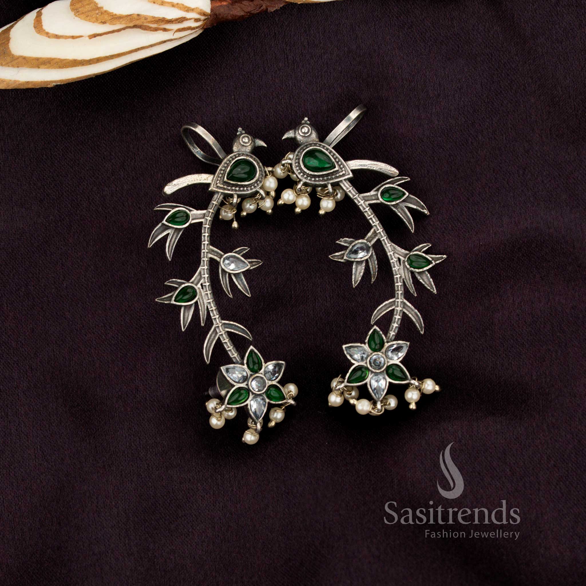 Sasitrends oxidised antique peacock vine ear cuff white green earrings featuring a flowing floral vine design