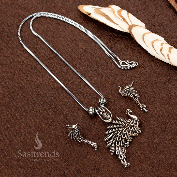 Oxidised Silver Peacock Pendant Chain Necklace Set with Earrings – Antique finish tribal design by Sasitrends