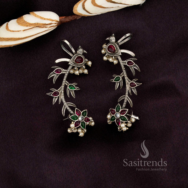 Sasitrends ruby green stone embellished antique oxidised peacock vine ear cuff earrings with ornate detailing