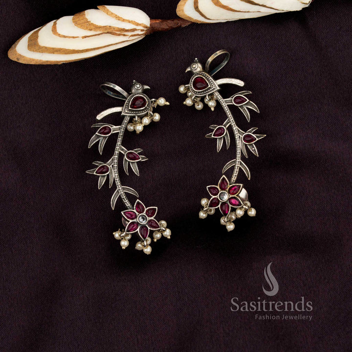 Sasitrends oxidised ruby stone peacock vine ear cuff earrings inspired by classic artistic detailing