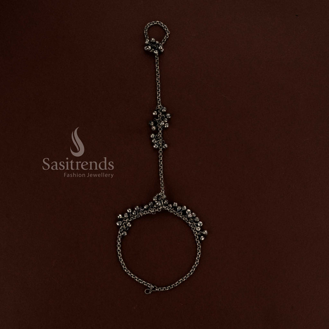 Oxidised silver ghungroo haath phool anklet featuring chain toe ring styling designed for Navaratri celebrations festive dance outfits and ethnic fashion wear - Sasitrends