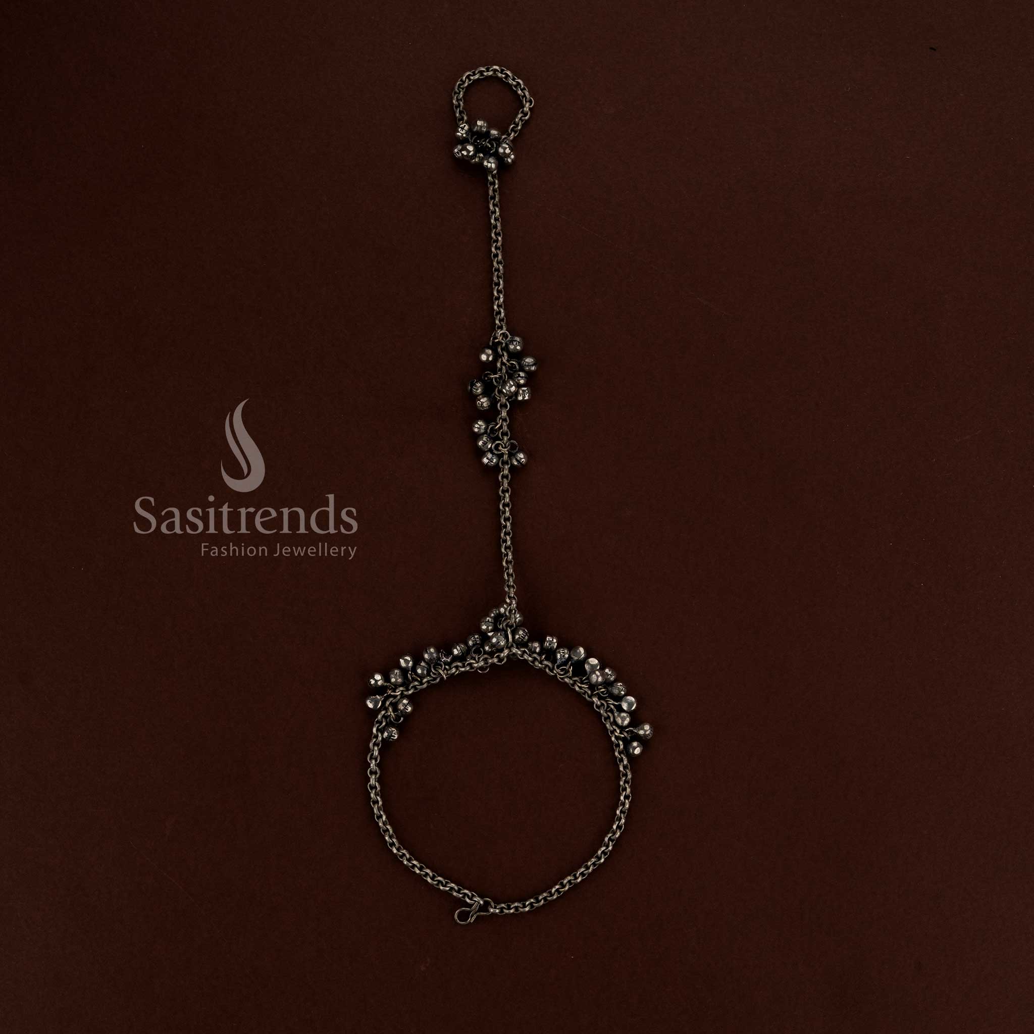 Oxidised silver ghungroo haath phool anklet featuring chain toe ring styling designed for Navaratri celebrations festive dance outfits and ethnic fashion wear - Sasitrends