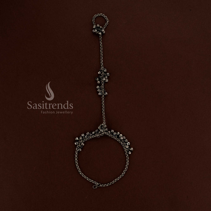 Oxidised silver ghungroo haath phool anklet featuring chain toe ring styling designed for Navaratri celebrations festive dance outfits and ethnic fashion wear - Sasitrends