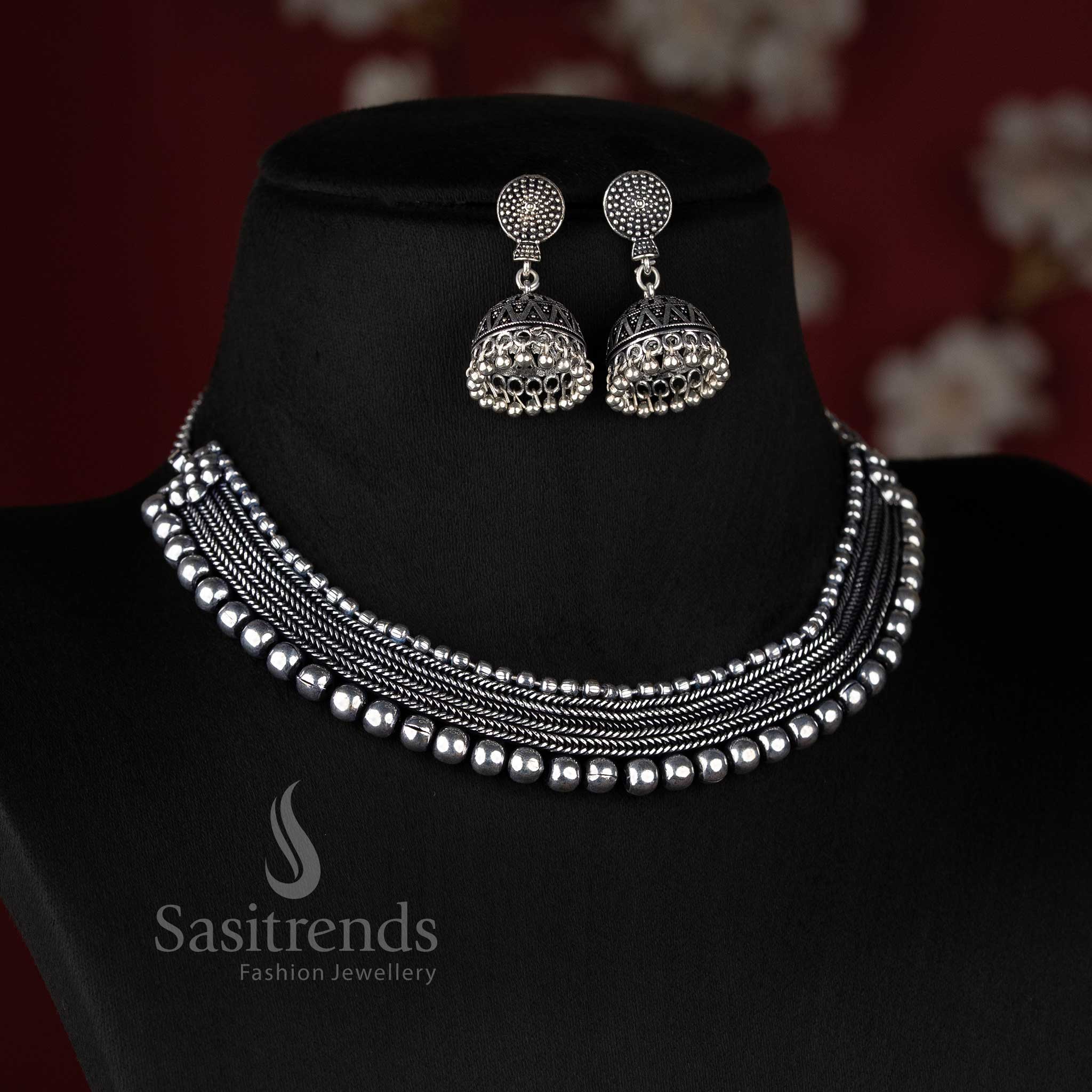 Sasitrends oxidised silver look choker necklace crafted with bold bead detailing for standout ethnic styling and cultural outfits