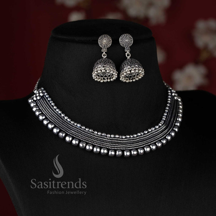 Sasitrends oxidised silver look choker necklace crafted with bold bead detailing for standout ethnic styling and cultural outfits