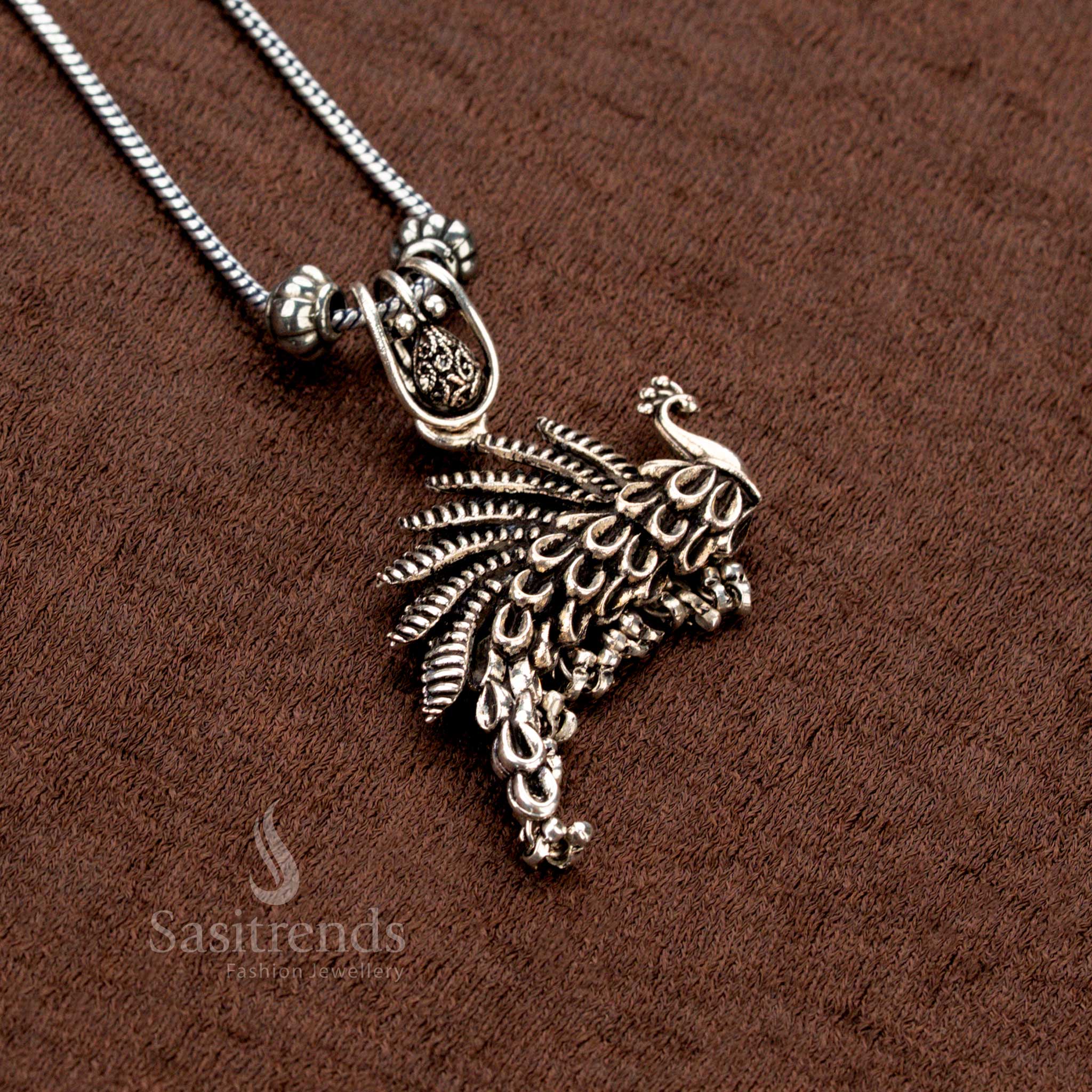 Display view of Oxidised Peacock Pendant with Earrings Chain Set – Traditional ethnic jewellery by Sasitrends