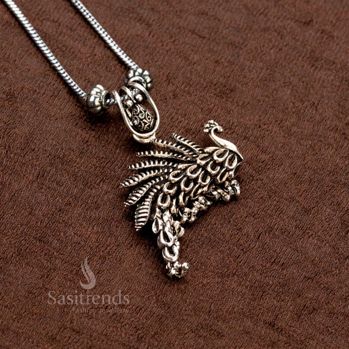 Display view of Oxidised Peacock Pendant with Earrings Chain Set – Traditional ethnic jewellery by Sasitrends