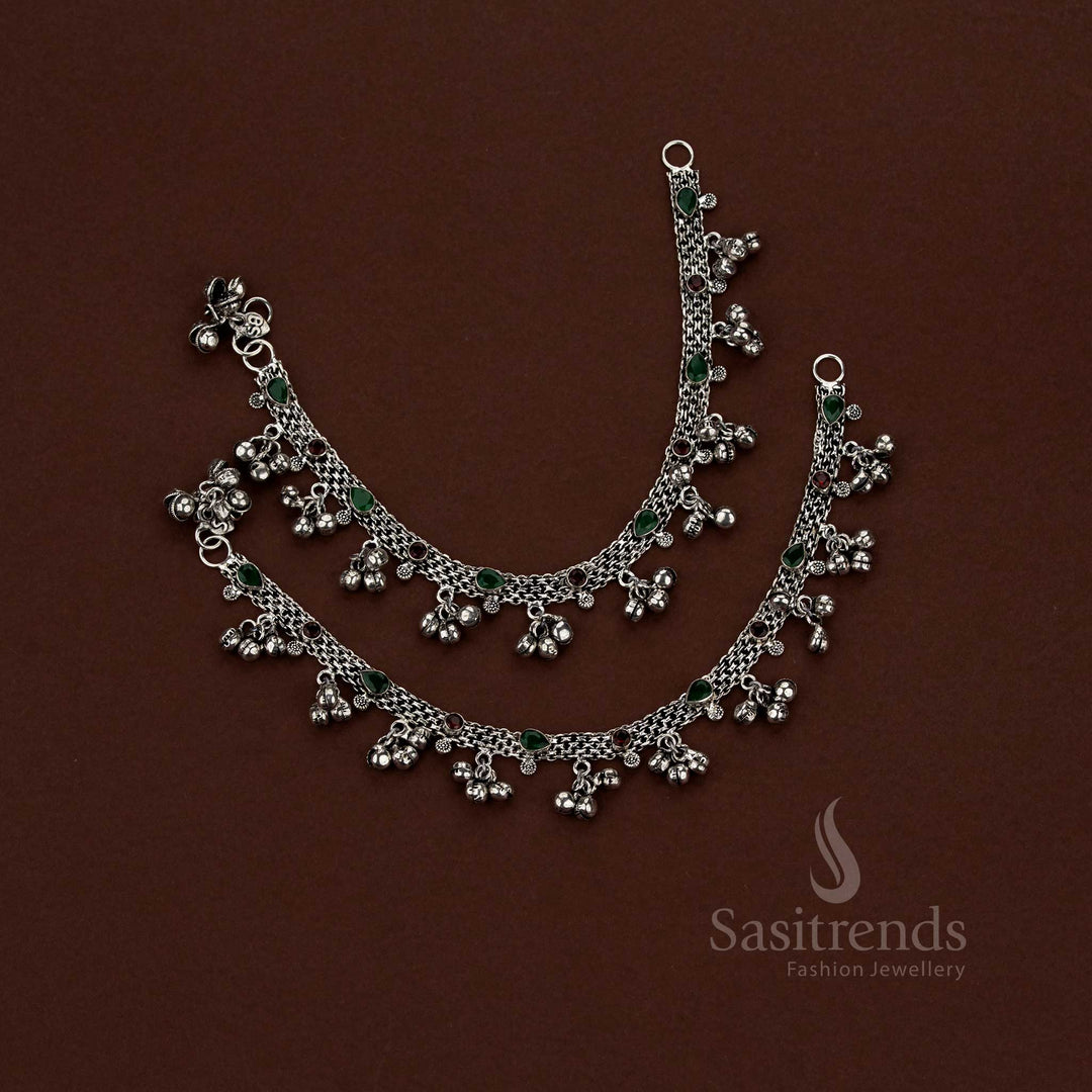 Sasitrends oxidised silver plated ghungroo chain anklet with layered design and ruby green stone detailing
