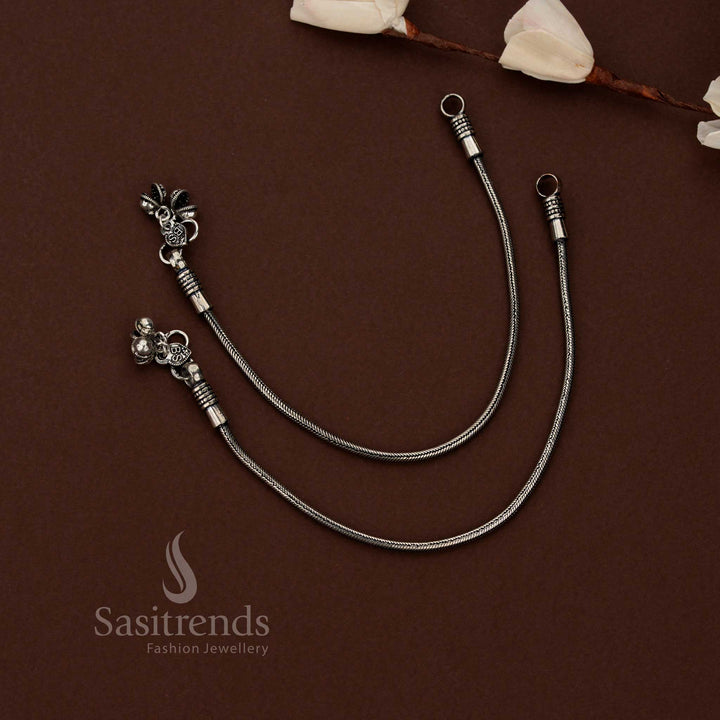 Sasitrends oxidised silver snake chain anklet featuring decorative floral charm and minimal ghungroo detail