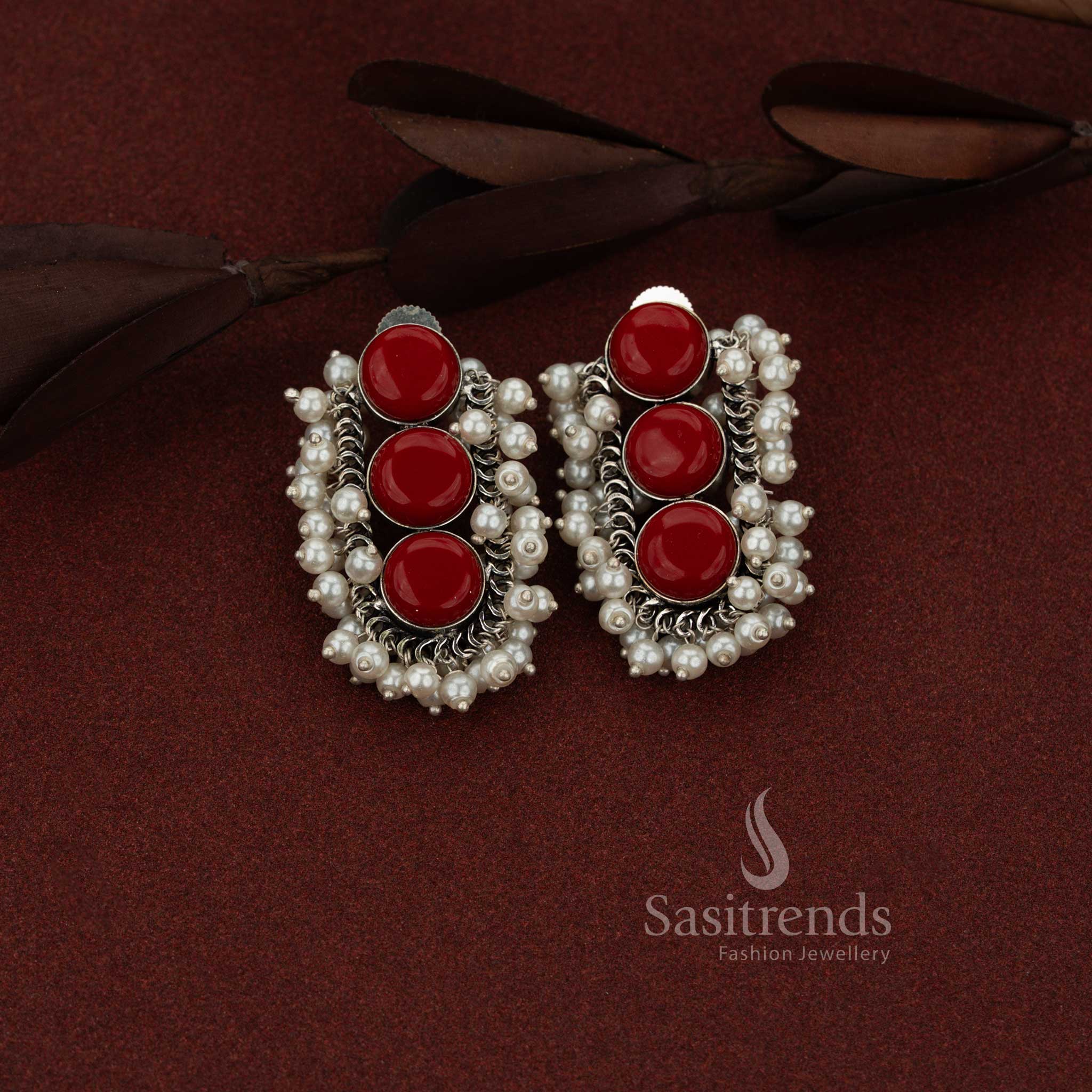 Sasitrends oxidised silver U-cut linear red stud earrings featuring triple stone and pearl detailing for daily casual wear