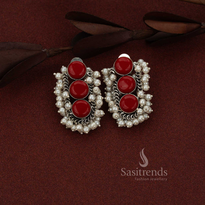 Sasitrends oxidised silver U-cut linear red stud earrings featuring triple stone and pearl detailing for daily casual wear