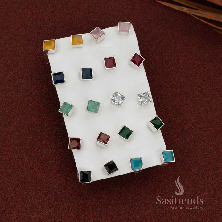 Beautifully Crafted Oxidised Square Cut Stone Stud Earrings Multi-Color Collection with Clean Geometric Finish