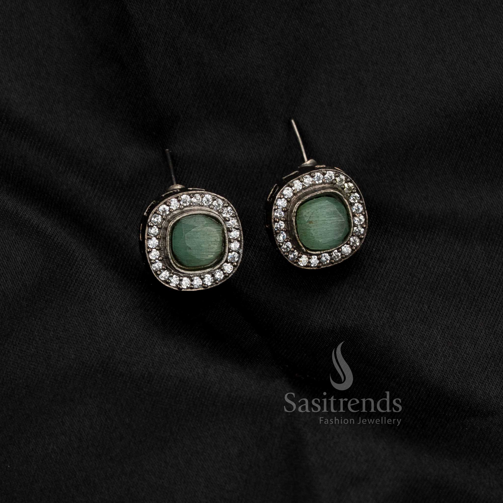 Sasitrends oxidised square halo stud earrings with mint monalisa stone for daily and office wear
