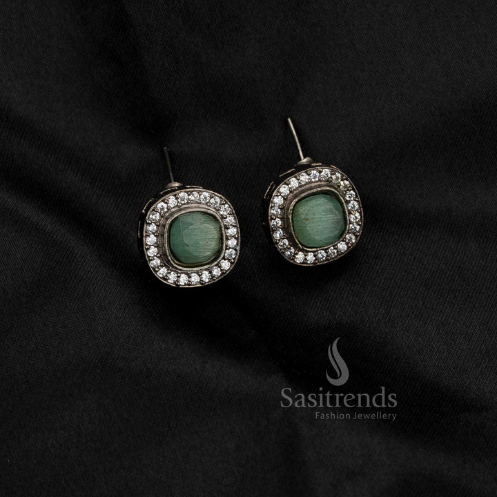 Sasitrends oxidised square halo stud earrings with mint monalisa stone for daily and office wear
