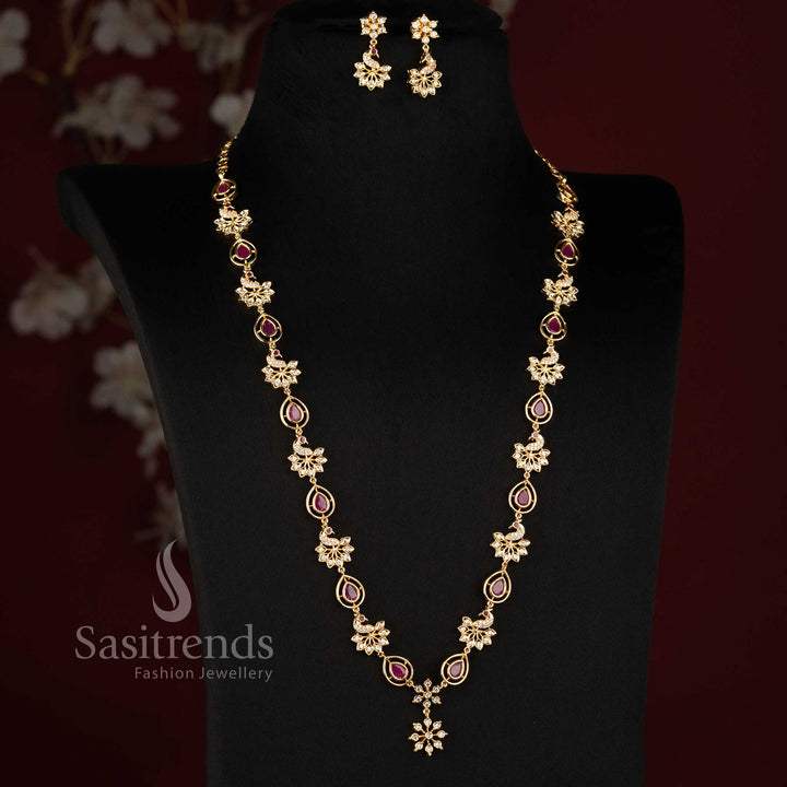 Sasitrends Impon Addigai micro gold plated jewellery set designed with layered floral detailing, ornamental centre pendant and coordinated earrings 