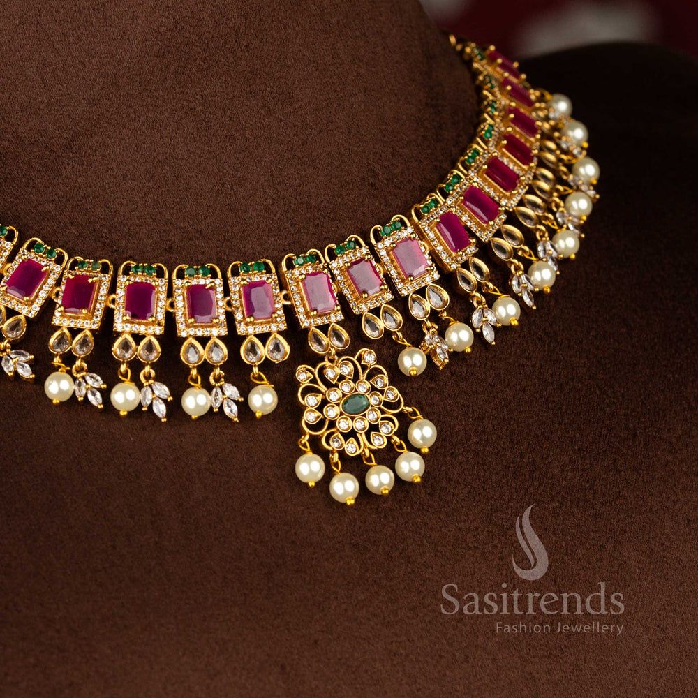 Sasitrends party wear temple matte gold plated floral AD necklace jewellery set for women featuring sparkling American diamonds and classic ethnic design for celebrations and special occasions