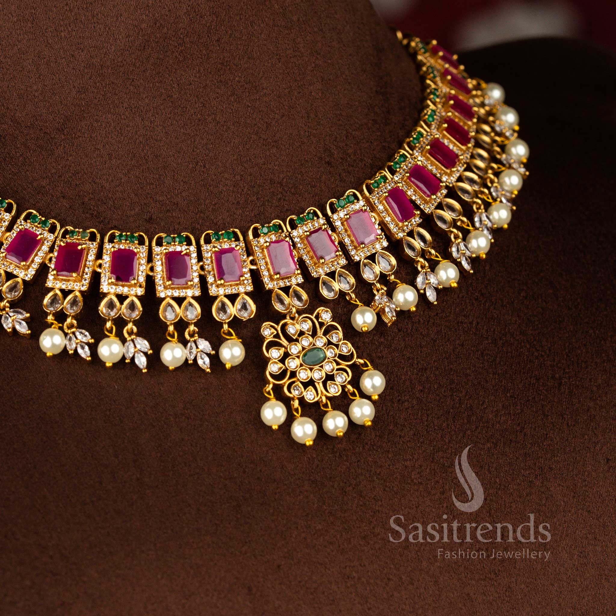 Sasitrends party wear temple matte gold plated floral AD necklace jewellery set for women featuring sparkling American diamonds and classic ethnic design for celebrations and special occasions