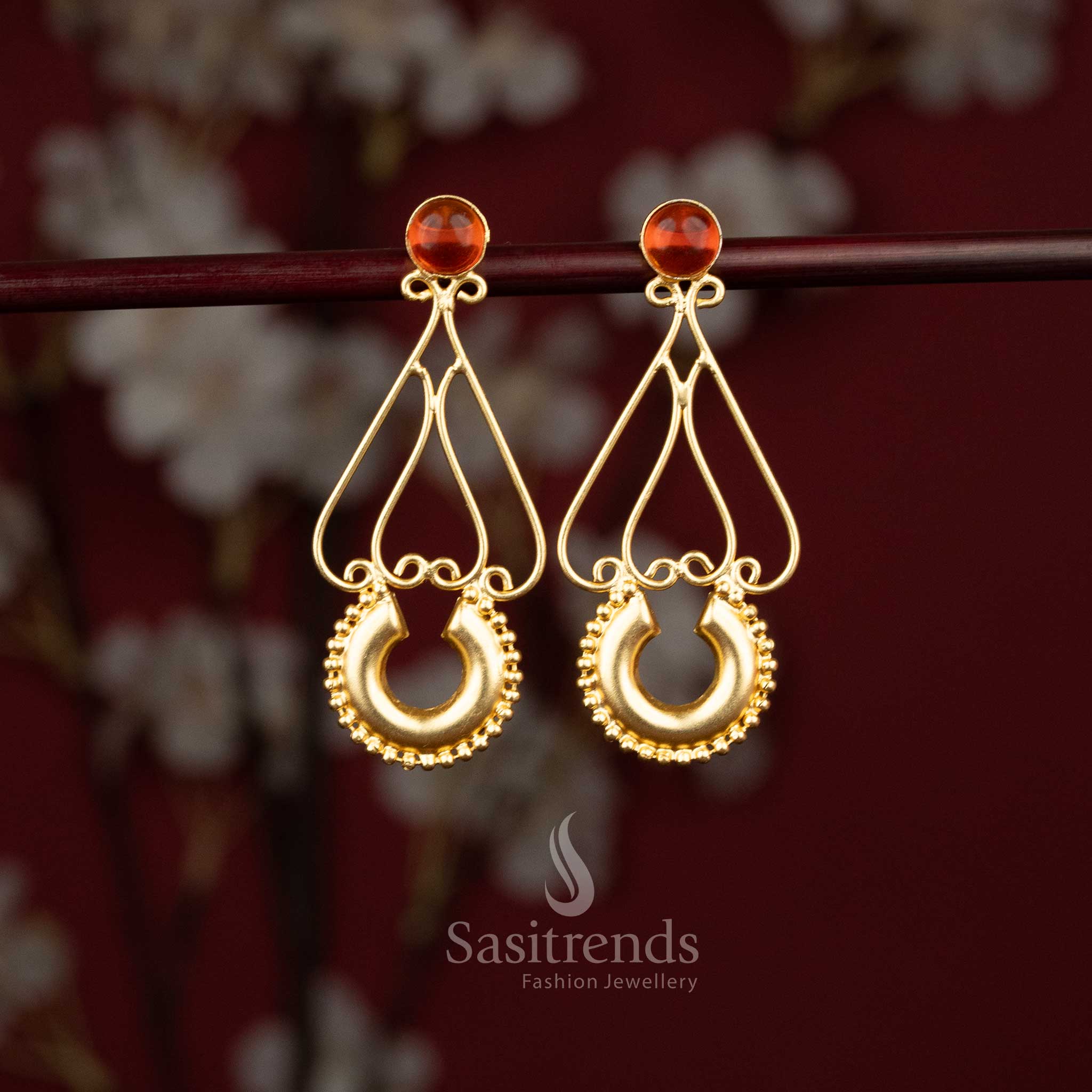 Stunning Trendy Gold Plated peach Stone Stud Teardrop Frame Earrings with Decorative Crescent Drop for Girls | Perfect For College Functions & Festive Celebrations - Sasitrends