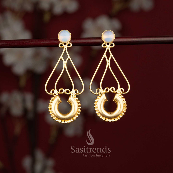 Trendy Gold Plated white Stone Stud Teardrop Frame Earrings with Decorative Crescent Drop for Girls | Sasitrends