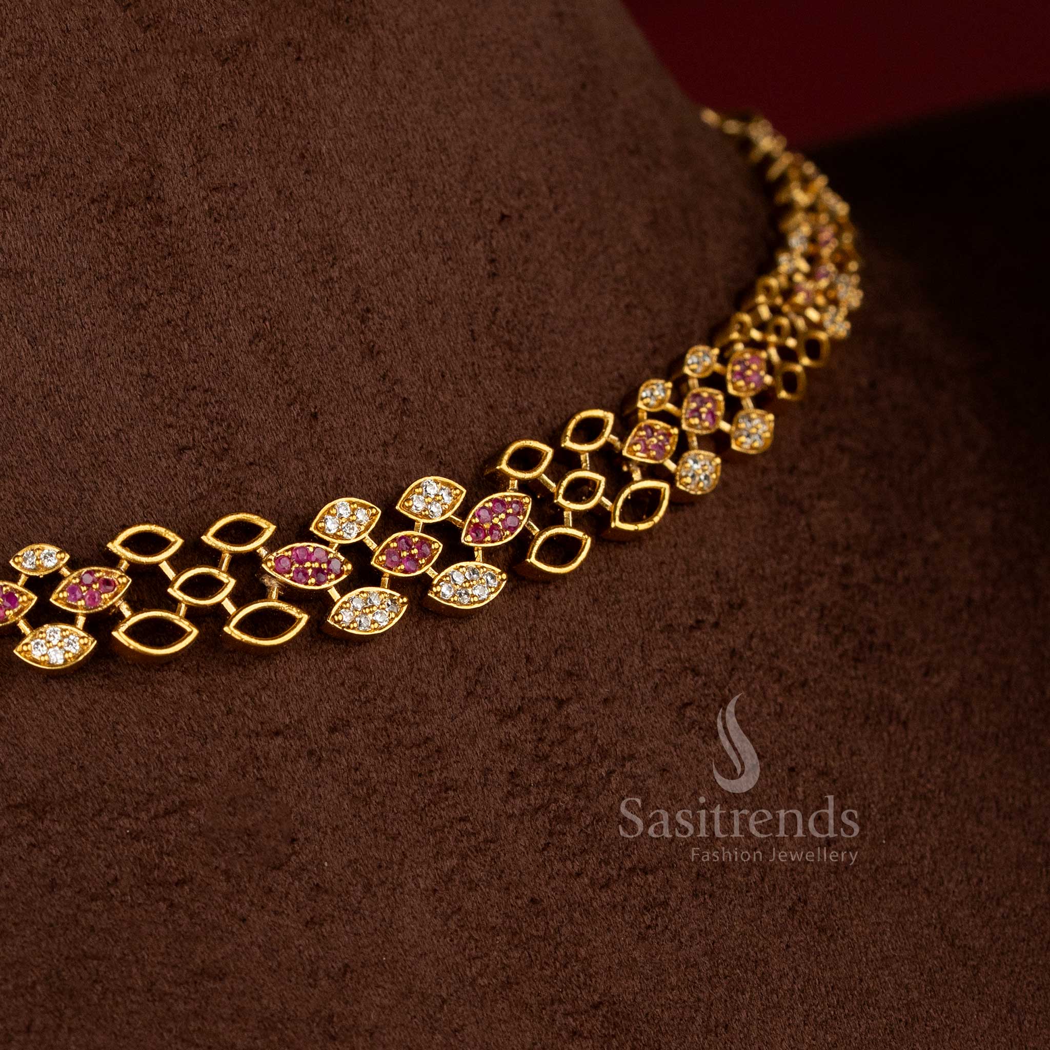 Sasitrends white ruby AD stone geometric link necklace jewellery set featuring high quality craftsmanship and elegant festive wear styling