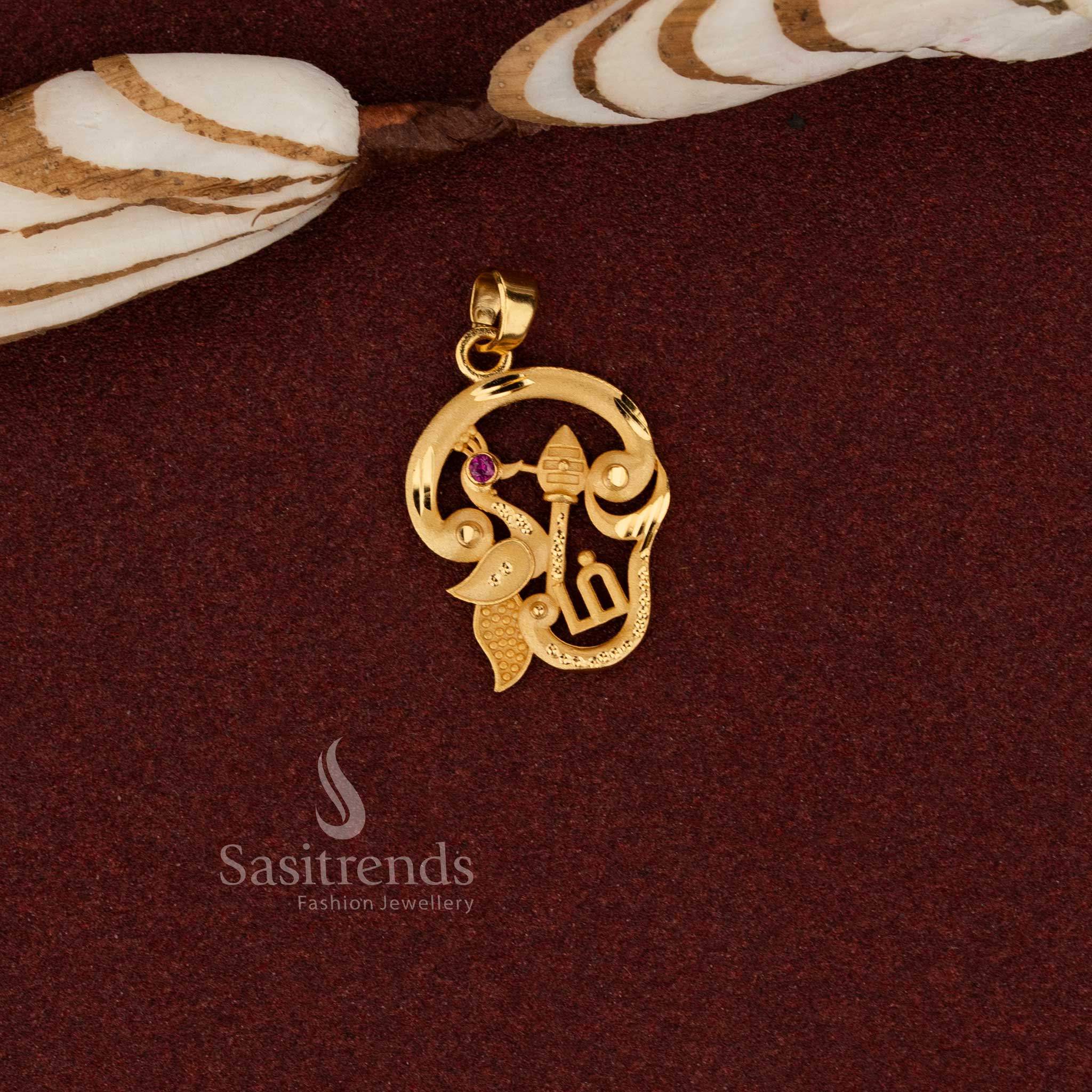 Sasitrends premium temple style 24K micro gold plated peacock om vel forming pendant designed with graceful craftsmanship to enhance elegant cultural attire