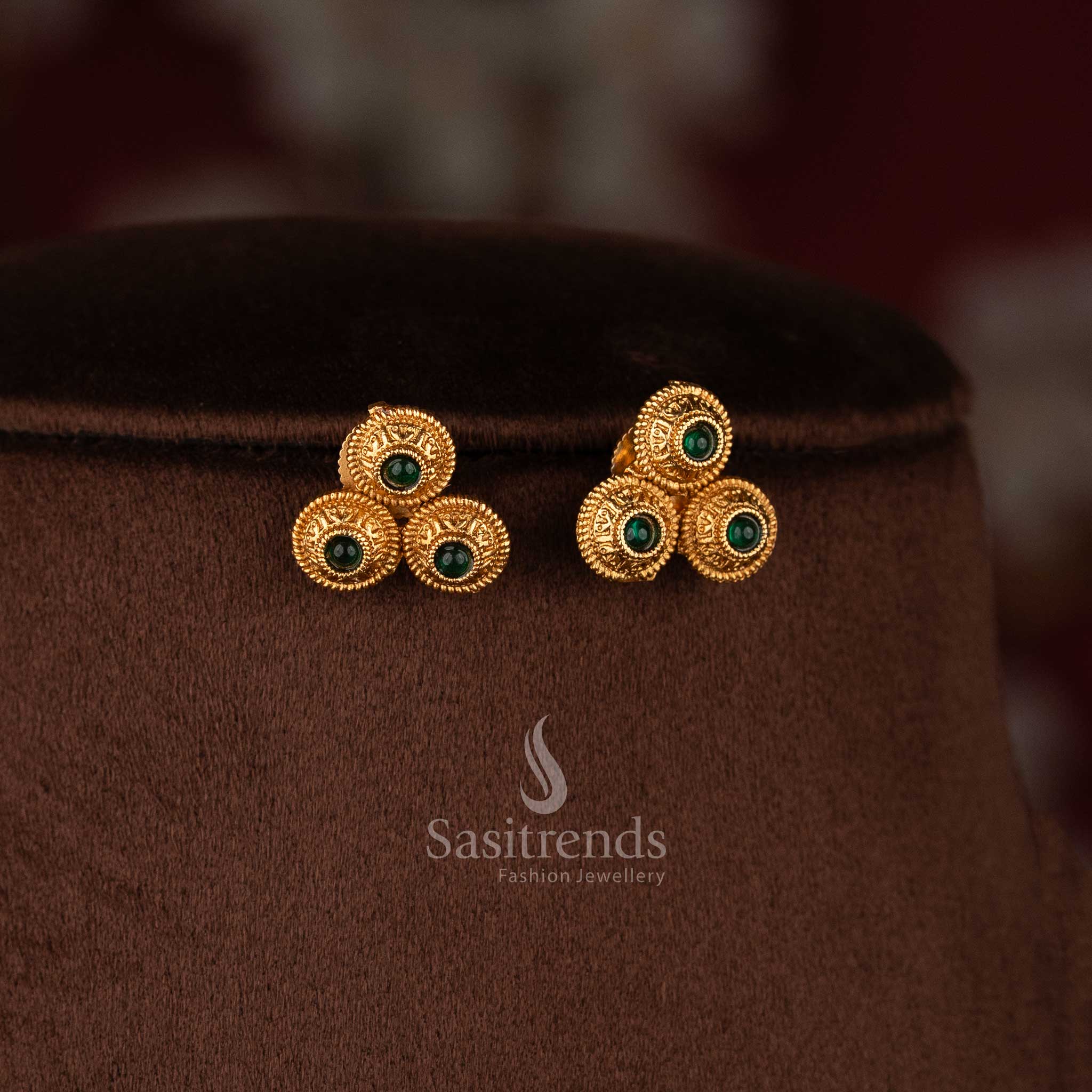Classic Matte Gold Plated Flexible Chain green Round Motif Beaded Drop Necklace Jewellery Set | Traditional Temple Inspired Design Affordable Festive and Wedding Wear - Sasitrends