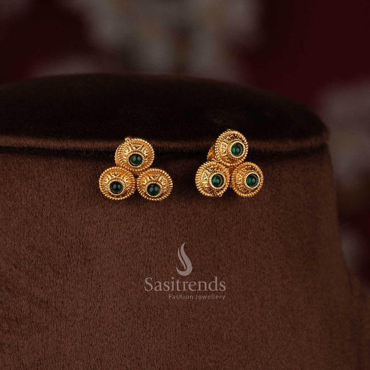 Classic Matte Gold Plated Flexible Chain green Round Motif Beaded Drop Necklace Jewellery Set | Traditional Temple Inspired Design Affordable Festive and Wedding Wear - Sasitrends