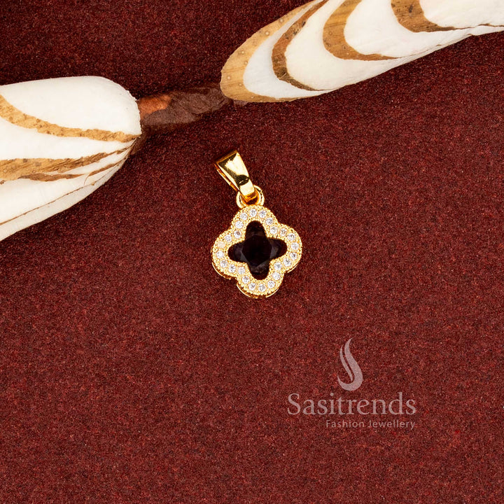 Sasitrends premium 24K micro gold plated purple AD stone floral clover pendant designed with a structured layered double frame arrangement offering brilliant sparkle and rich real gold look finish in 1 gram jewellery style