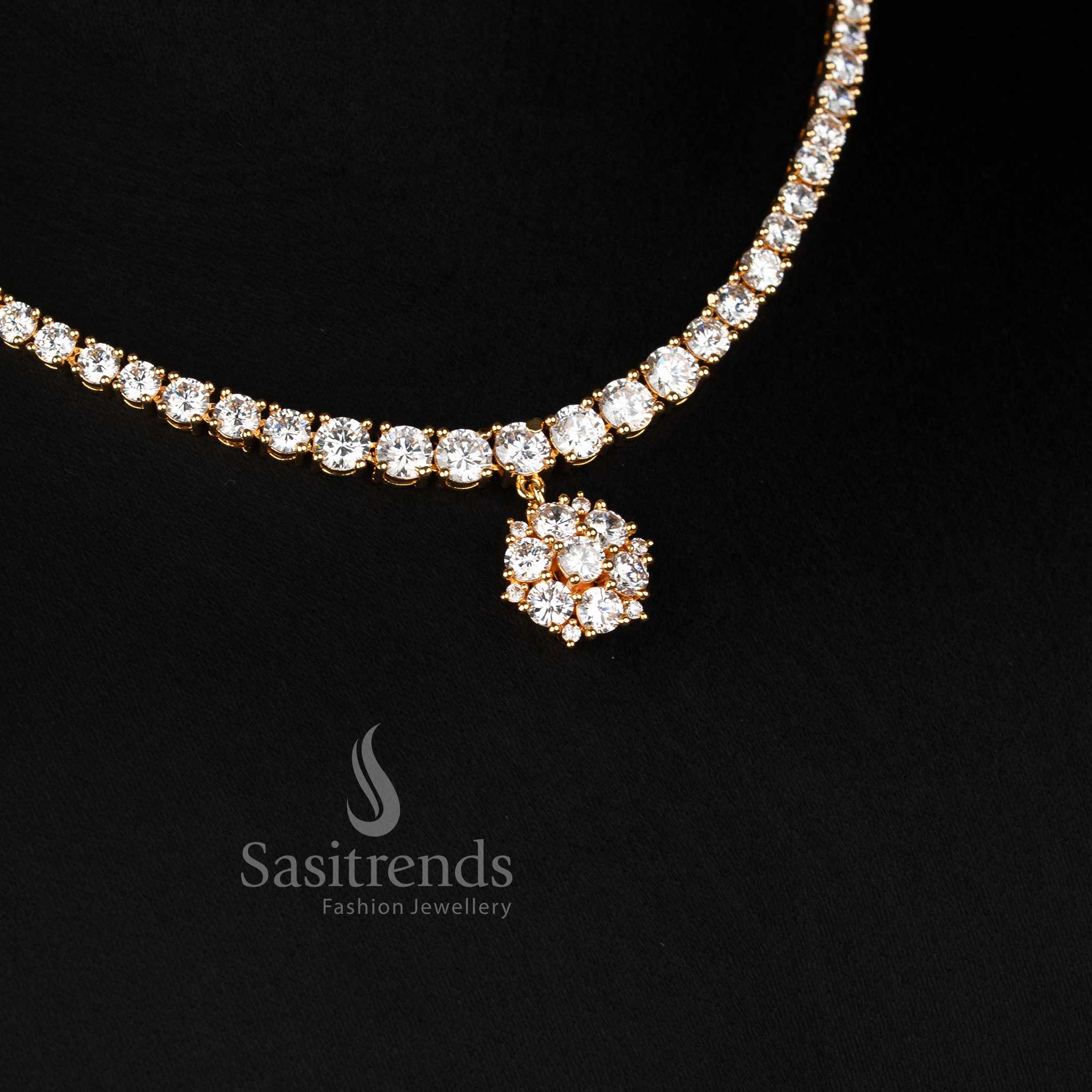 Sasitrends micro gold plated American diamond necklace set with repeating round floral clusters and centre floral drop pendant 