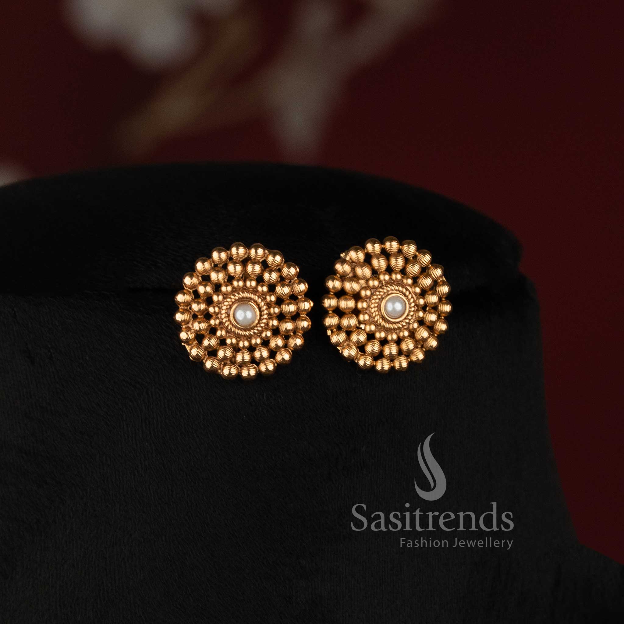 Sasitrends premium antique gold pearl beaded necklace set with intricate floral design and temple-inspired detailing