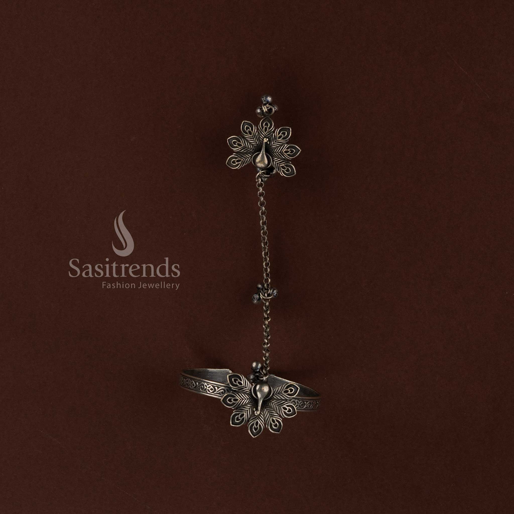 Sasitrends premium attractive oxidised finger ring and kada bracelet jewellery set crafted with traditional ethnic detailing perfect for Navarathri celebrations, cultural gatherings and heritage styling