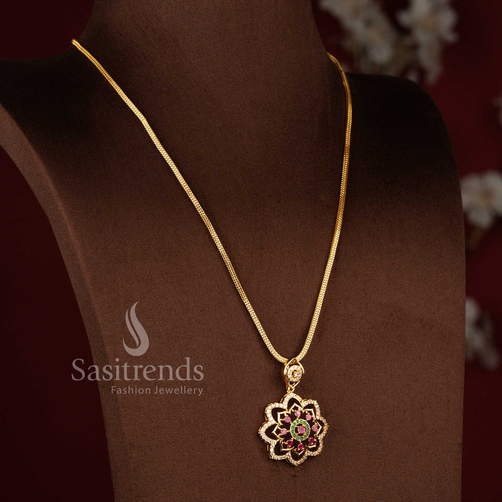 Sasitrends guaranteed micro gold plated AD stone floral chain necklace with radiant real gold look finish crafted for party wear, receptions and traditional celebrations