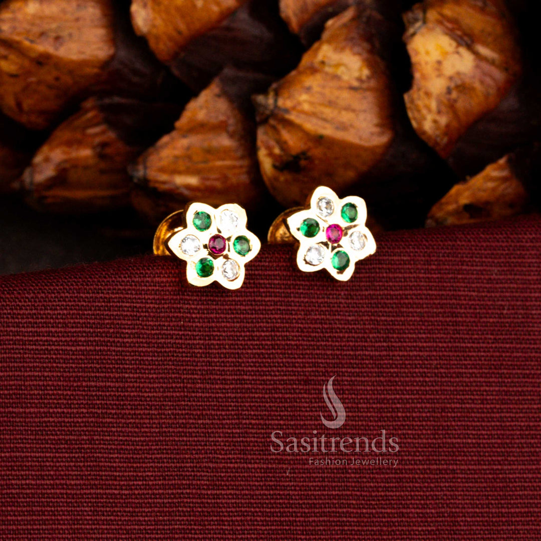 Sasitrends premium Impon micro gold plated 7 stone floral stud earrings crafted with precision set multi AD stones and comfortable screw type lock offering a guaranteed gold finish appearance.