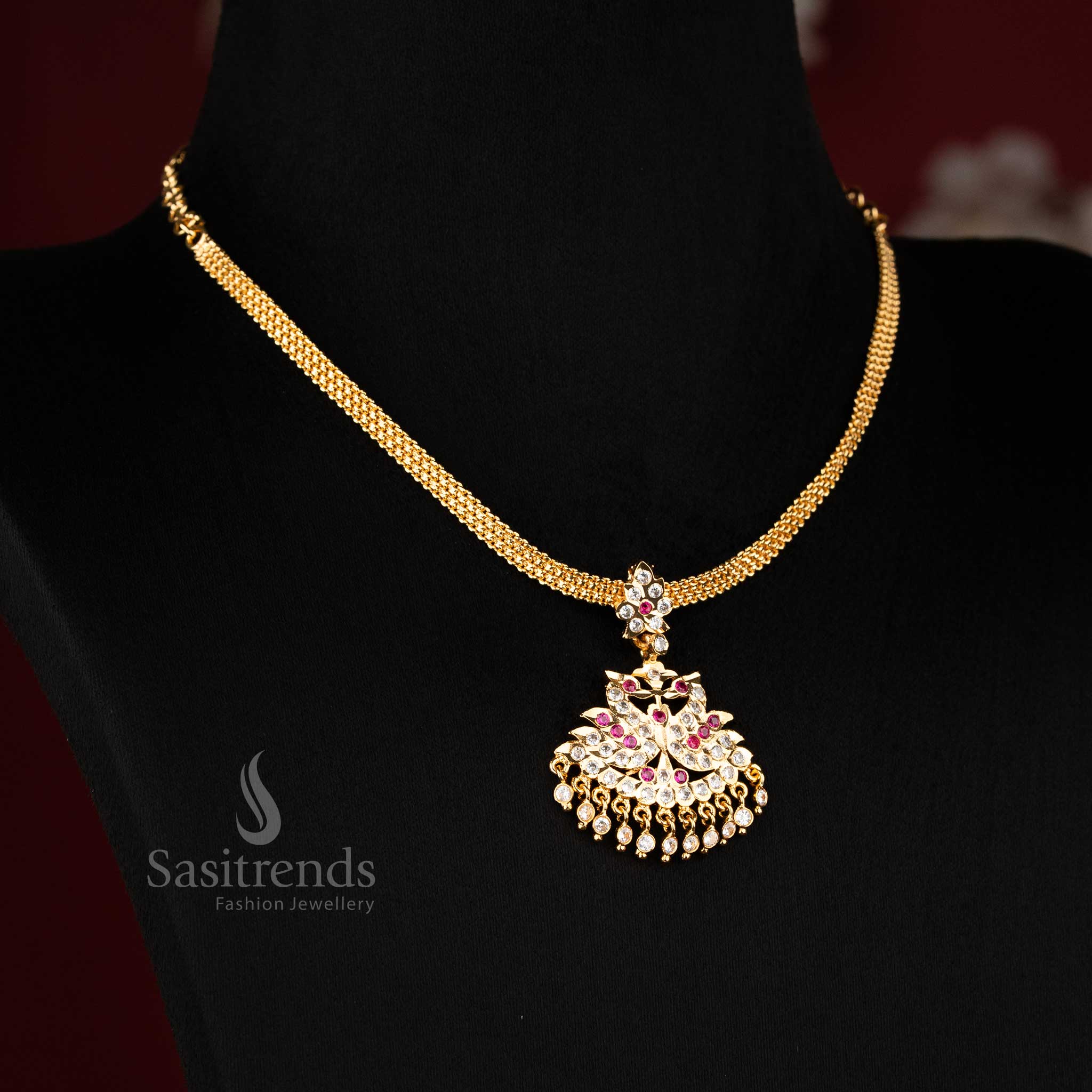Sasitrends ethnic impon pendant chain necklace crafted with ornate peacock motifs and decorative hanging stone details for elegant traditional styling