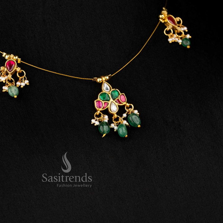 Sasitrends premium jadau 24K gold plated invisible chain necklace crafted with structured motifs and pearl touch for refined traditional jewellery styling