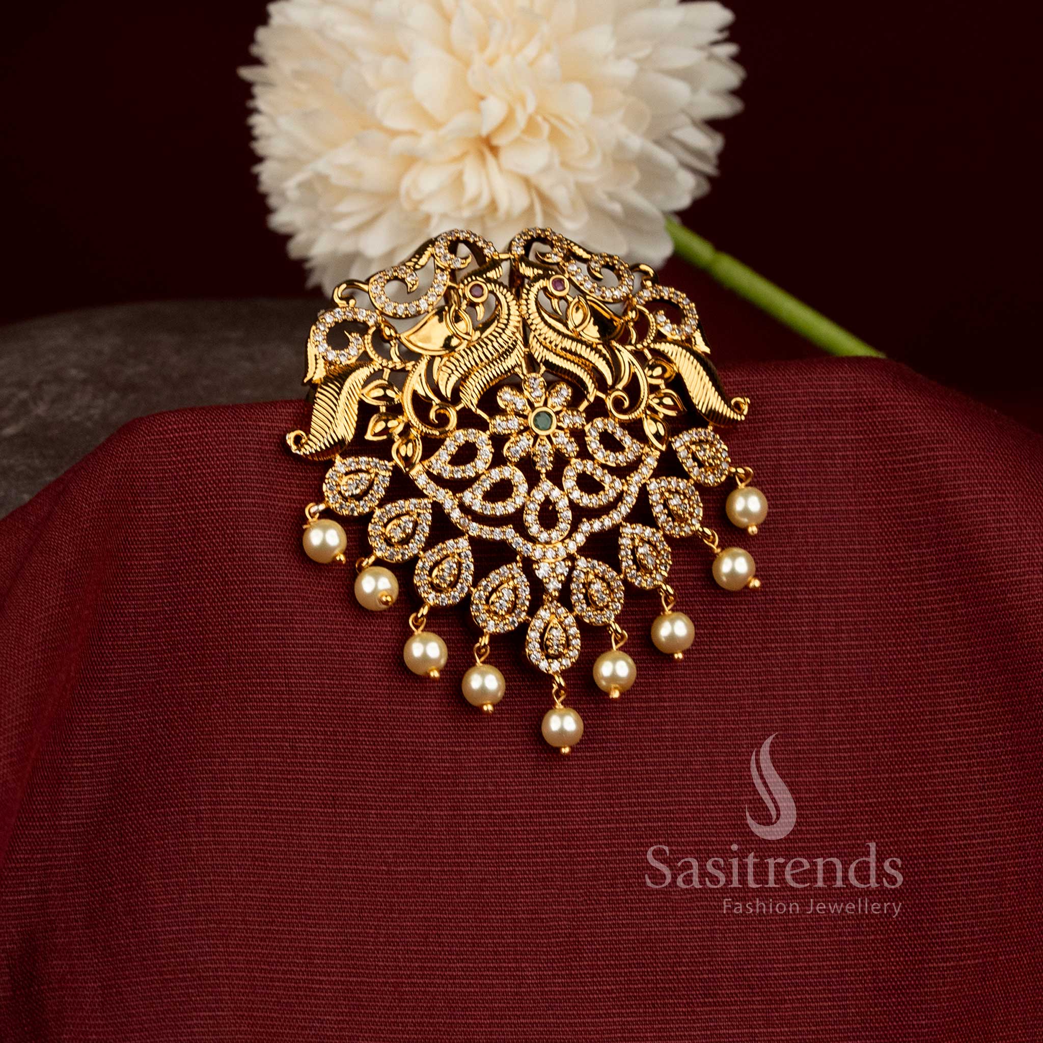 Premium Temple Matte Gold Peacock AD Stone Jadai Billai For Wedding Wear- Sasitrends